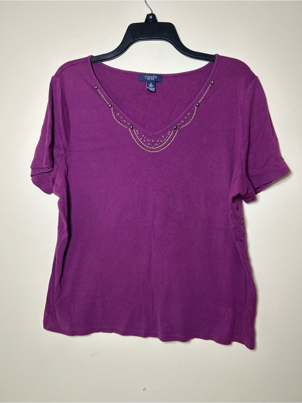 Chaps Women's Deep Purple Short Sleeve V-Neck Tee with Neckline Beading